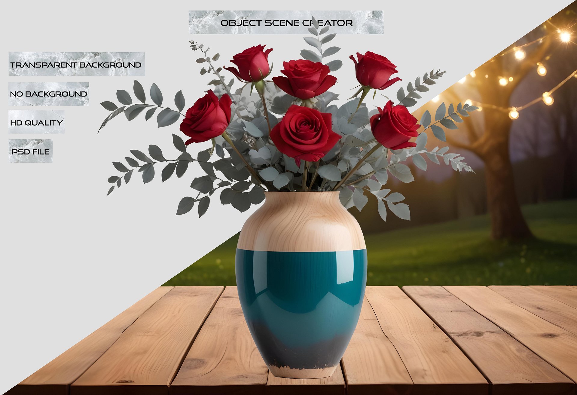 Elegant Teal and Wooden Vase with Red Rose Arrangement PNG product image (2)