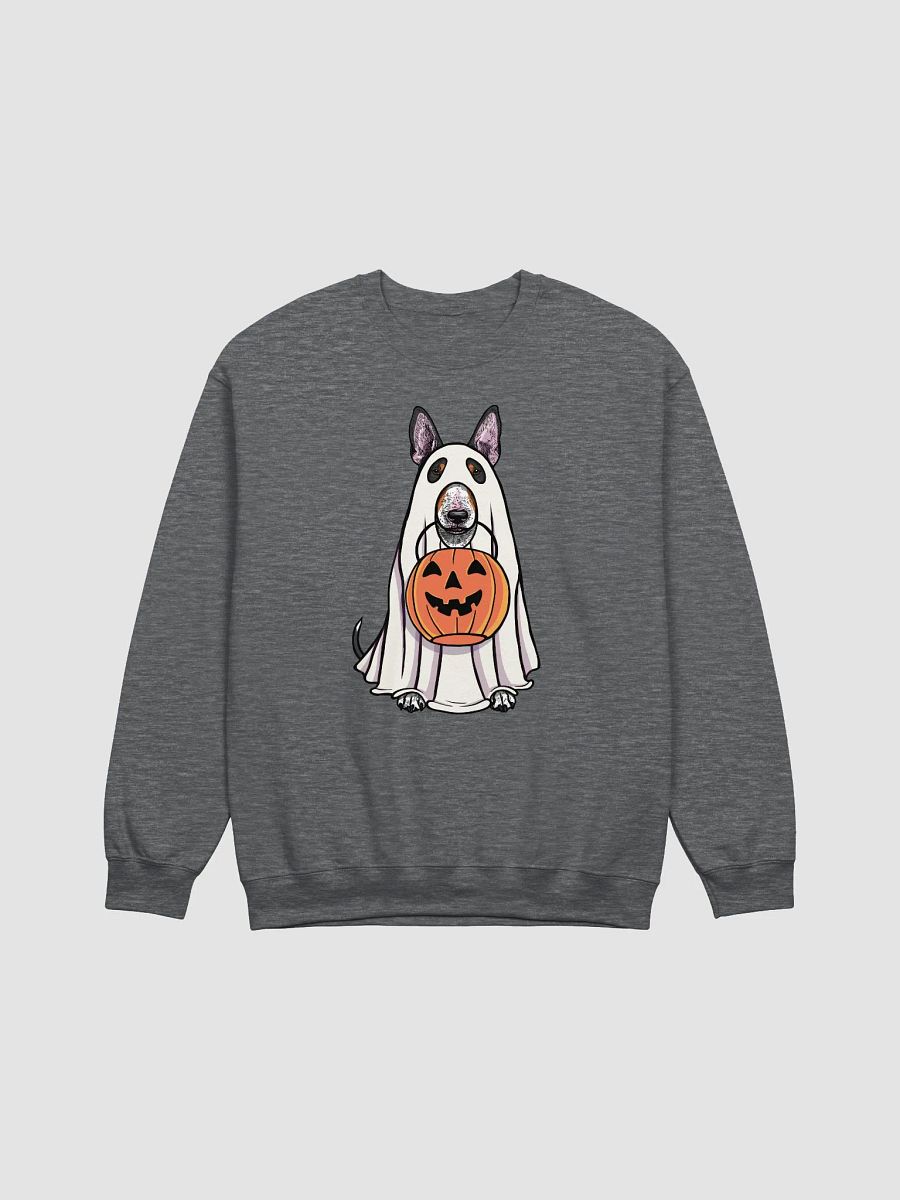 Funny Halloween Bull Terrier(Tricolor) Sweatshirt | Funny Dog Wearing a Ghost Costume and Holding a Pumpkin Basket product image (3)