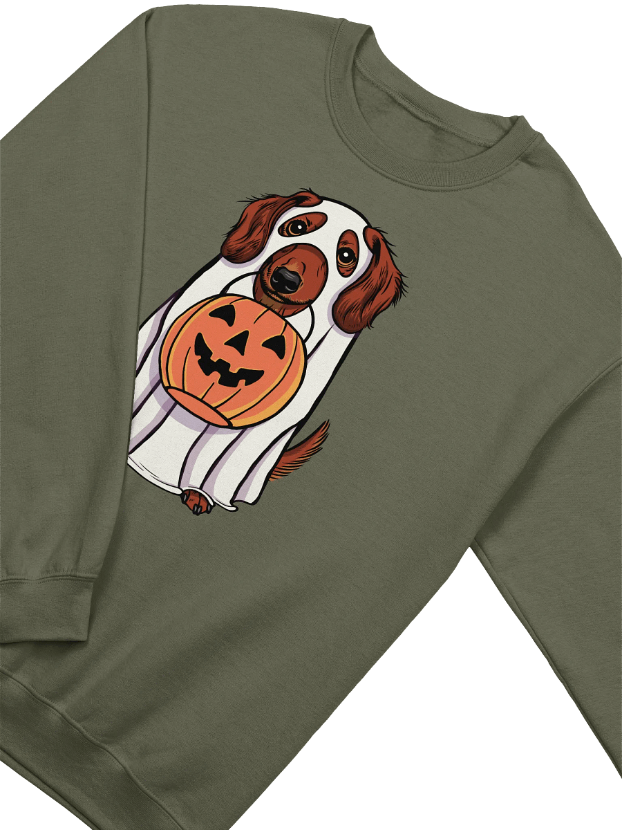 Funny Halloween Longhaired Dachshund(Red) Sweatshirt | Funny Doxie/Wiener Wearing a Ghost Costume and Holding a Pumpkin Basket product image (18)