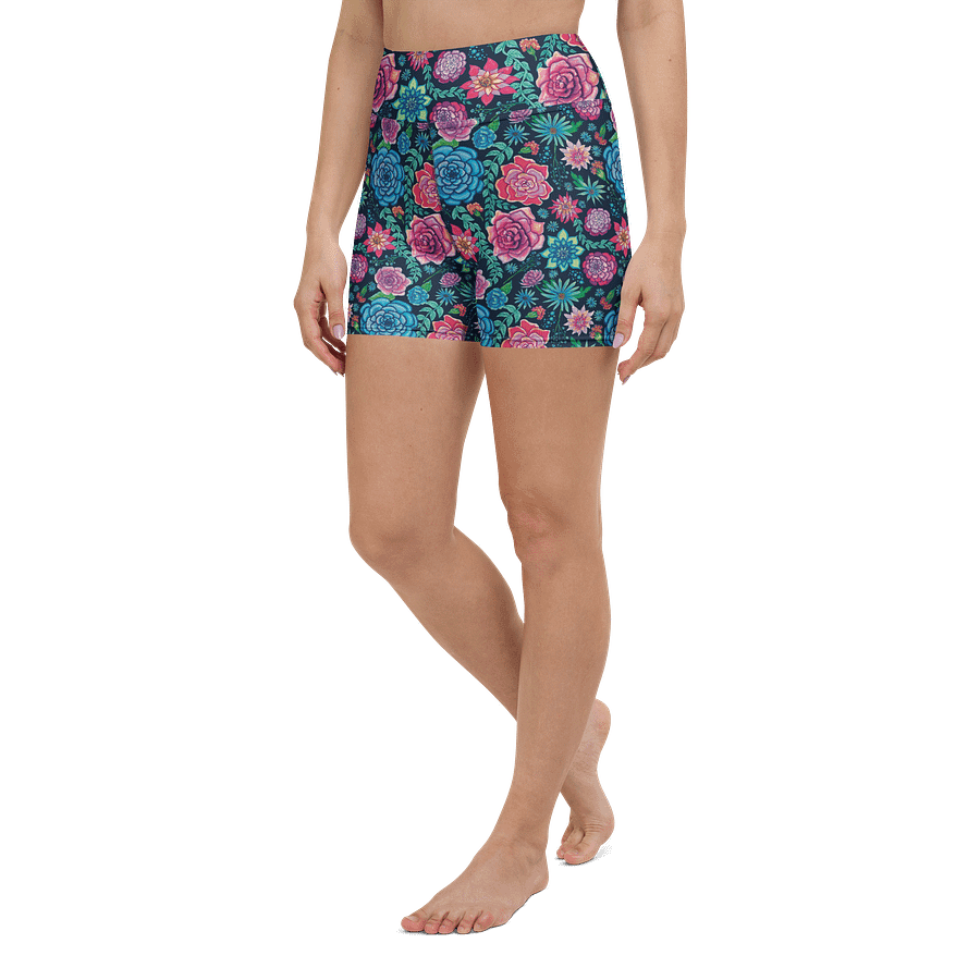 Bold Blooms on Dark Blue | All-Over Print Yoga Shorts | with Inside Pocket | MONIQUE FAELLA DESIGNS™ | Beachy & Bold Activewear | product image (5)