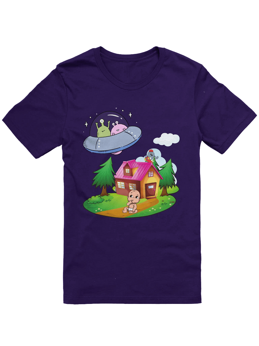 Funny Baby & Alien UFO Encounter Tee - Outer Space Cartoon T-Shirt, Sci-Fi Graphic Gift, Unisex Shirt, Heavy Cotton Top, Pregnancy Gift Tee product image (46)