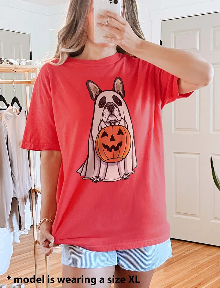 Funny Halloween Boston Terrier T-Shirt | Funny Boston Terrier Wearing a Ghost Costume and Holding a Pumpkin Basket product image (6)