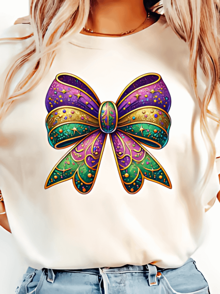 Mardi Gras Coquette Bow T-Shirt Design – Stylish Carnival Bow Sublimation PNG – Festive Mardi Gras Colors – Instant Digital Download – High-Resolution 300 DPI product image (1)