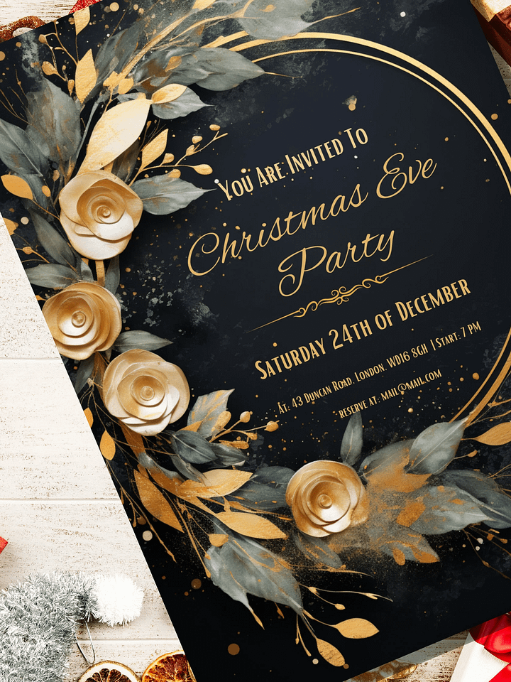 3D Golden Roses Christmas Eve Party Invitation | Editable in Canva | Christmas Party Printable | Holiday Invitation Template | Link to Canva product image (2)
