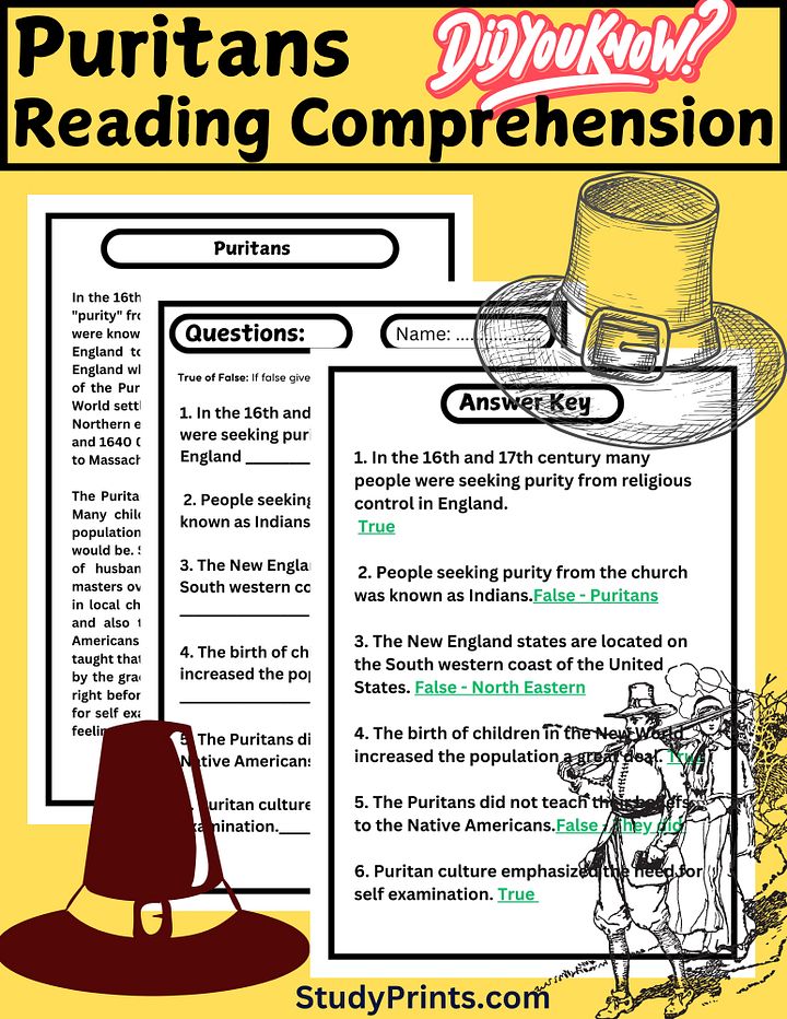 Puritans READING COMPREHENSION PASSAGE AND QUESTIONS | PRINTABLE PDF product image (1)