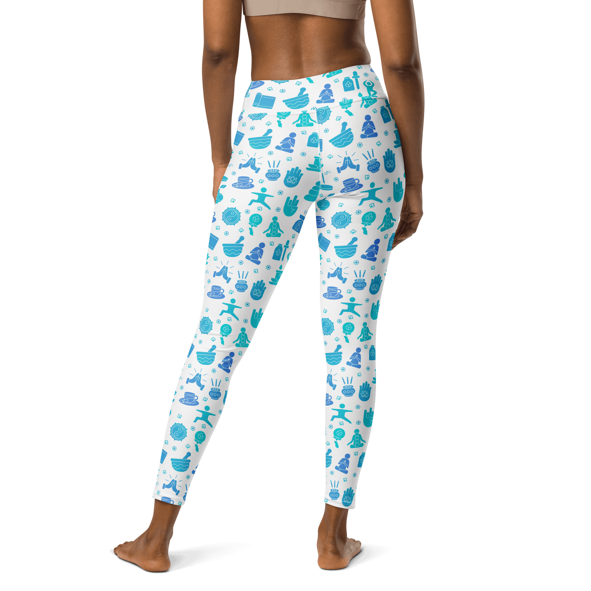 Zen Harmony Yoga-Meditation Leggings - Blue Wellness Icons on White product image (2)