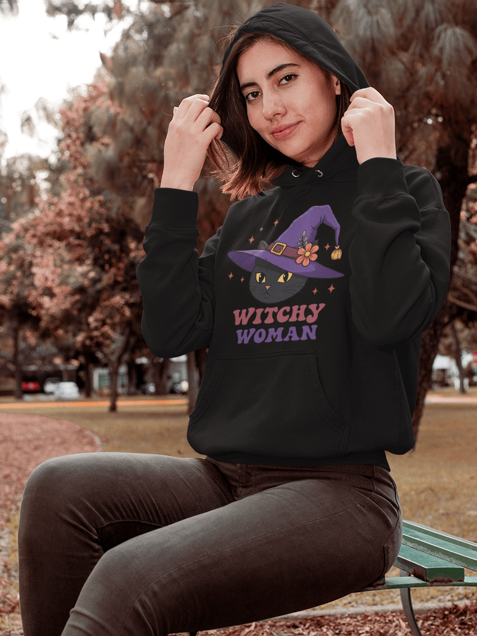 Witchy Woman Hoodie – Cute Black Cat Witch Hat Pullover, Spooky Halloween Sweatshirt, Cozy Witchcore Gift for Her product image (2)