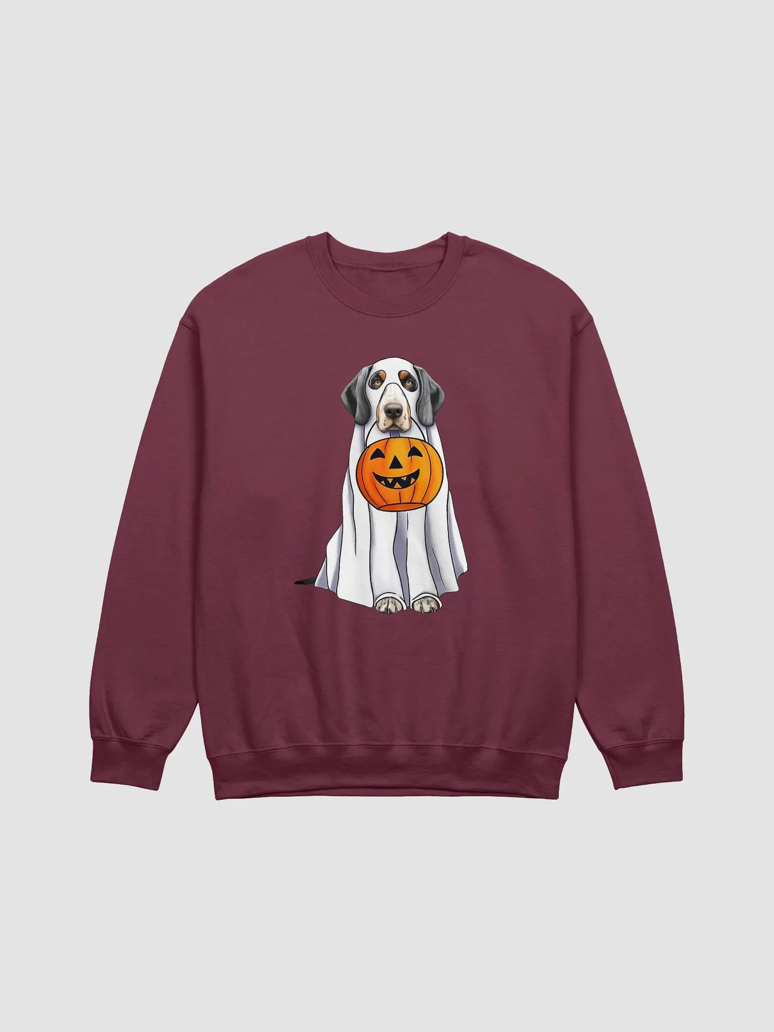 Bluetick Coonhound Halloween Sweatshirt | Funny Halloween Bluetick Wearing a Ghost Costume with Pumpkin Basket product image (16)