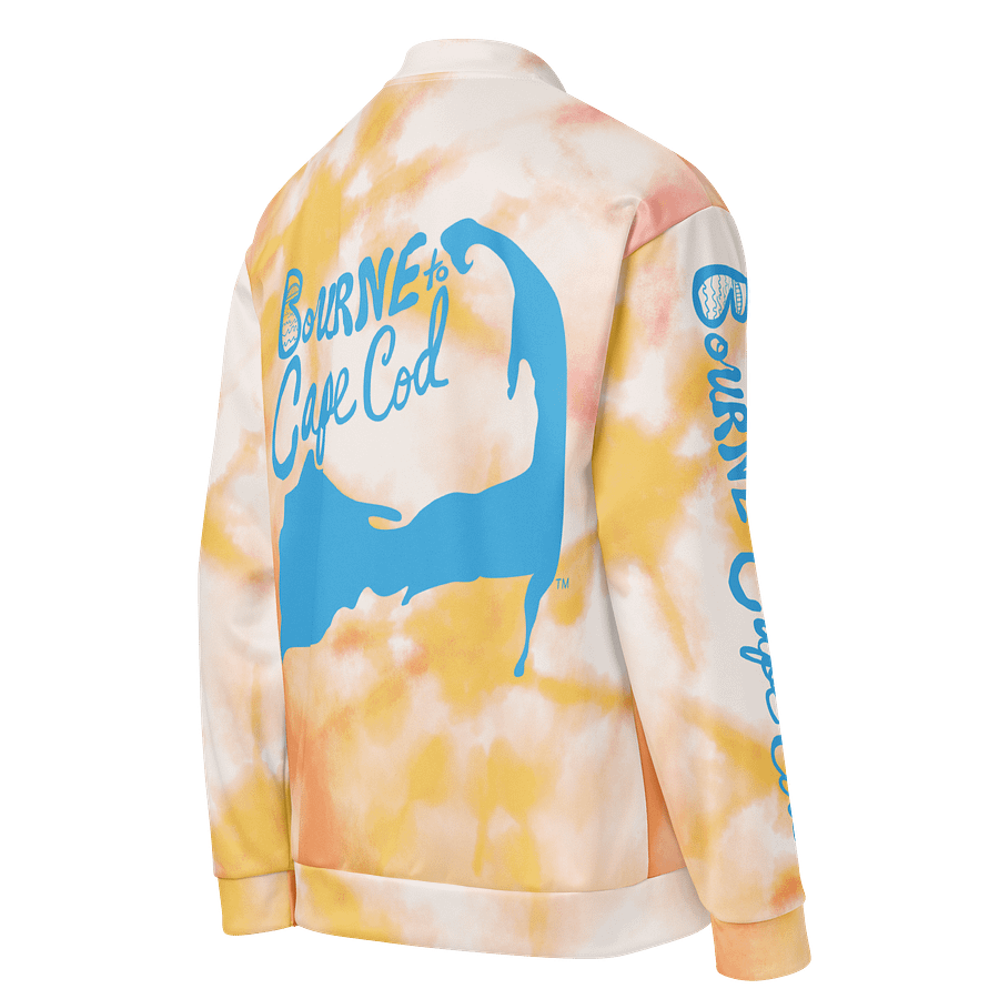 All-Over Print Bomber Jacket | Coastal Cool, City Bold | BOURNE to Cape Cod™ + BRN.2C.C.™ Style | Deep Sky Blue Logos on Orange Tie-Dye product image (4)