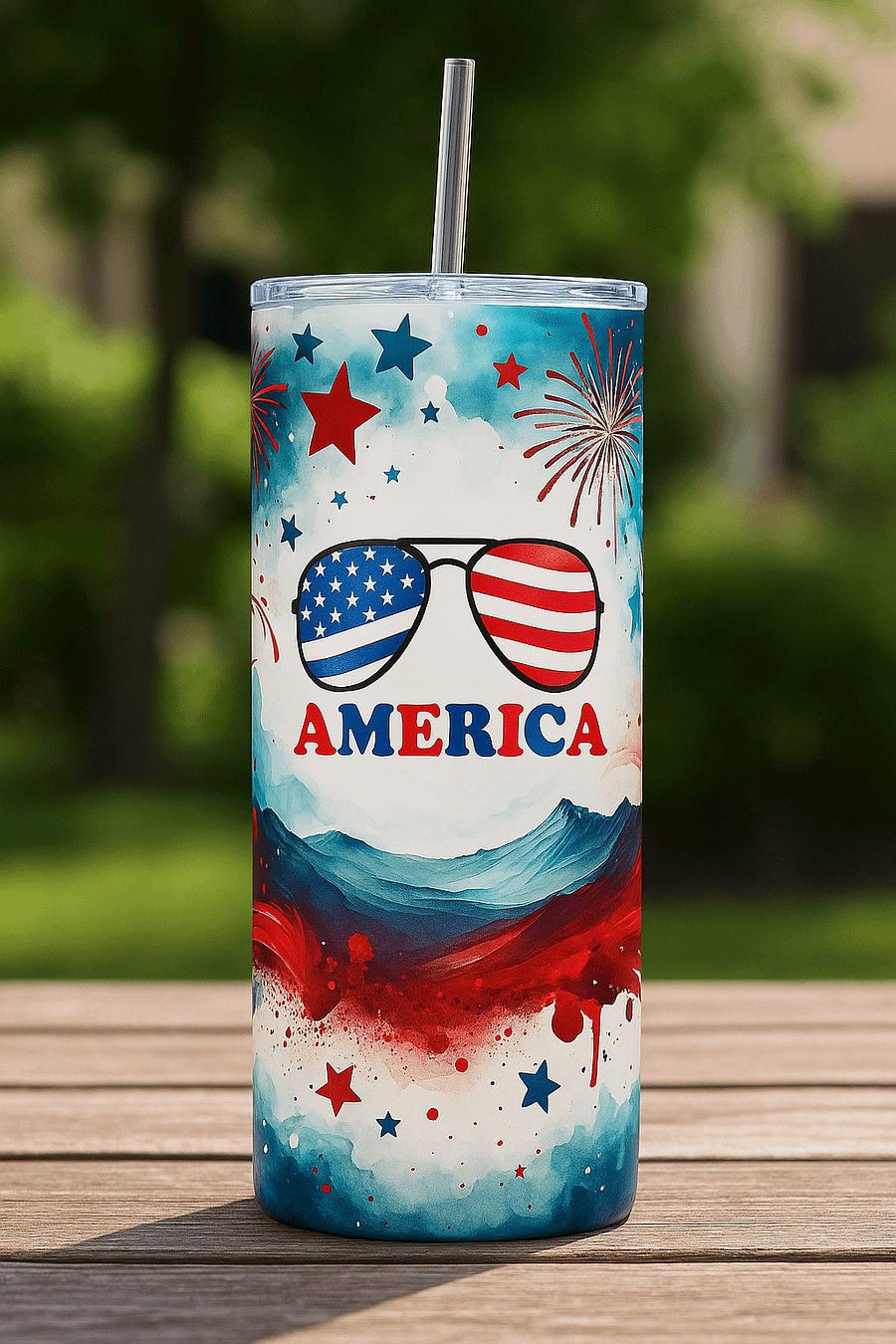 Patriotic 4th of July Tumbler Wrap | America Sunglasses Sublimation PNG | Red White Blue Fireworks 20oz Skinny Tumbler Design product image (3)