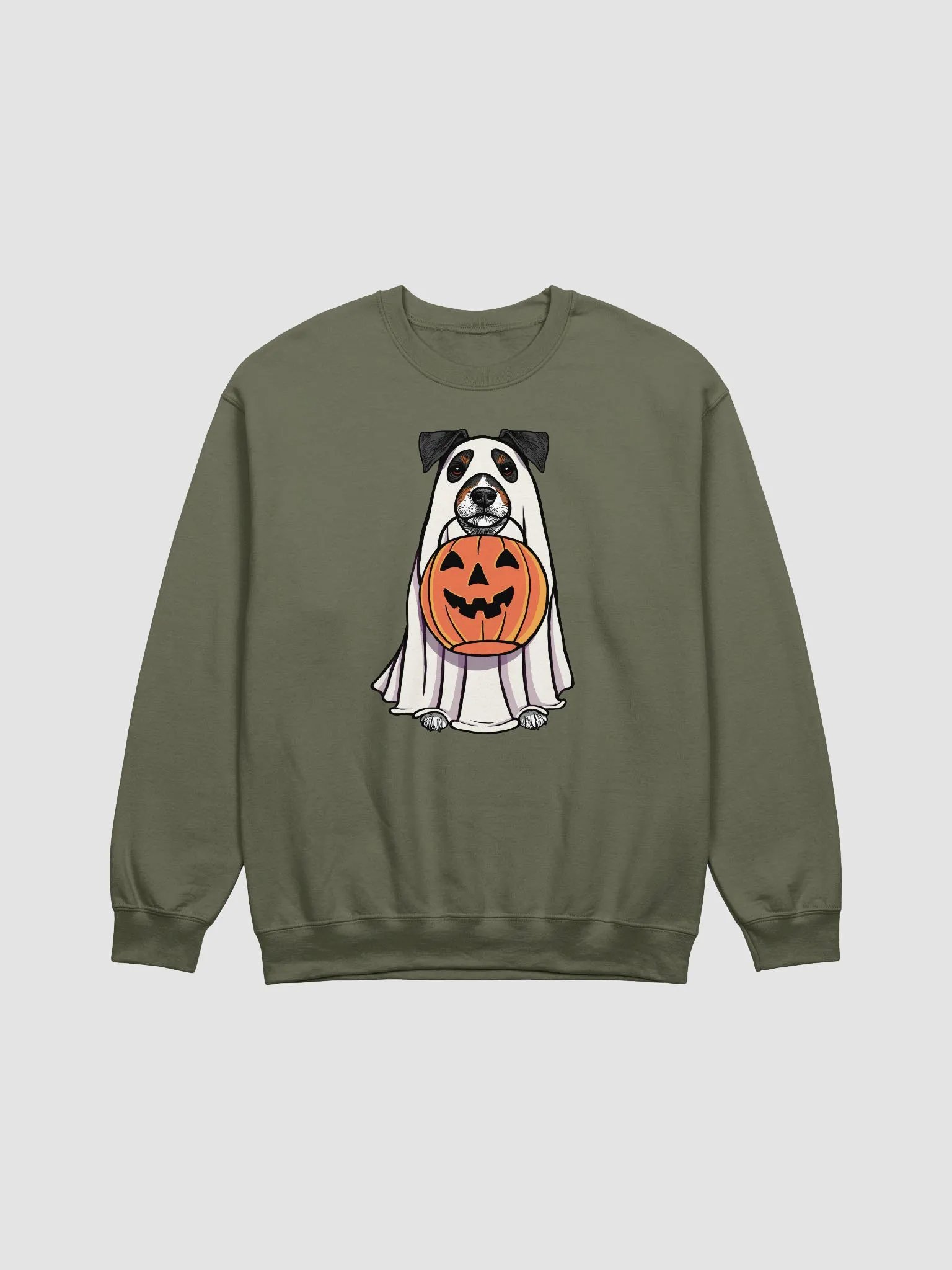 Funny Halloween Jack Russell Terrier(Tricolor) Sweatshirt | Funny JRT Wearing a Ghost Costume and Holding a Pumpkin Basket product image (13)