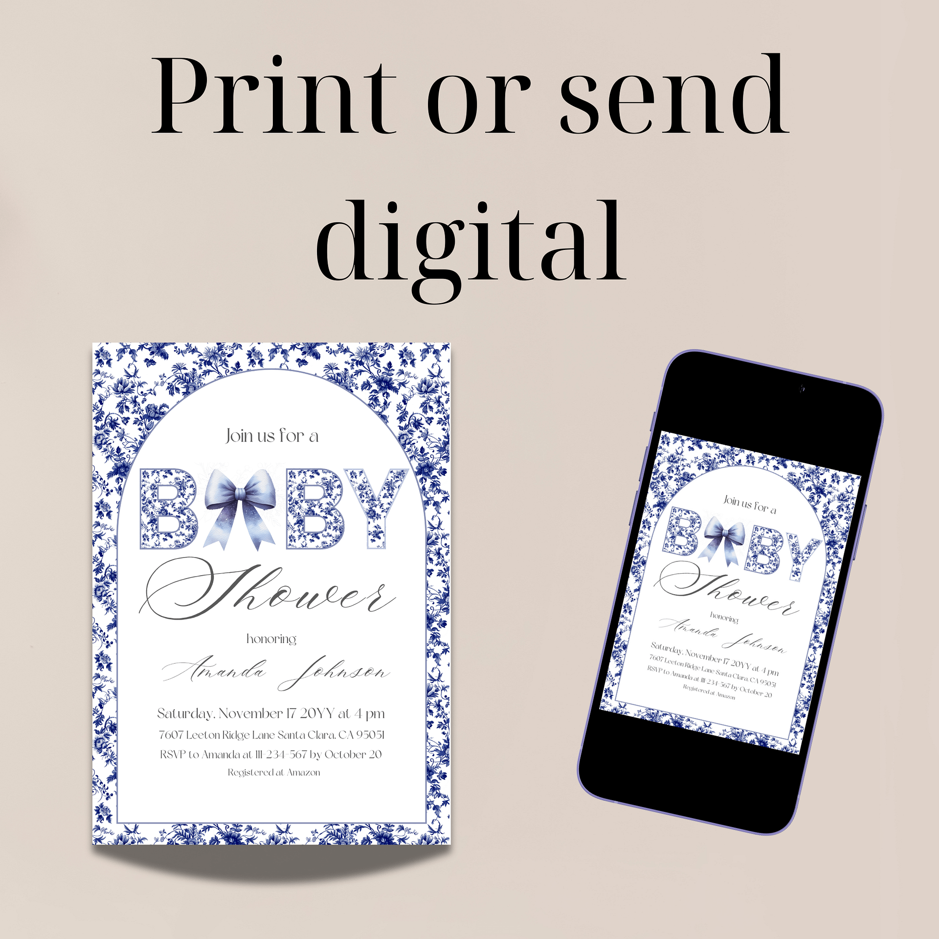 Blue Toile de Jouy and Bow Baby Shower Invitation, Chinoiserie Floral Theme, Boy Baby Shower Invite for Digital Download product image (9)