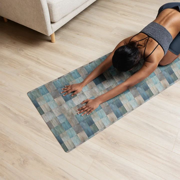 Yoga Mat with Painted Blue, Green and Brown Checked Pattern product image (2)