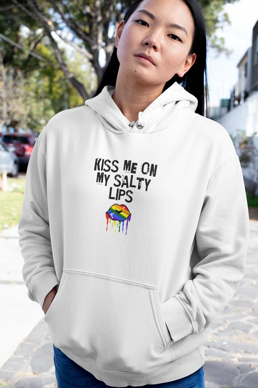 LGBTQ+ Hoodie Kiss Me On My Salty Lips Rainbow (White) product image (3)