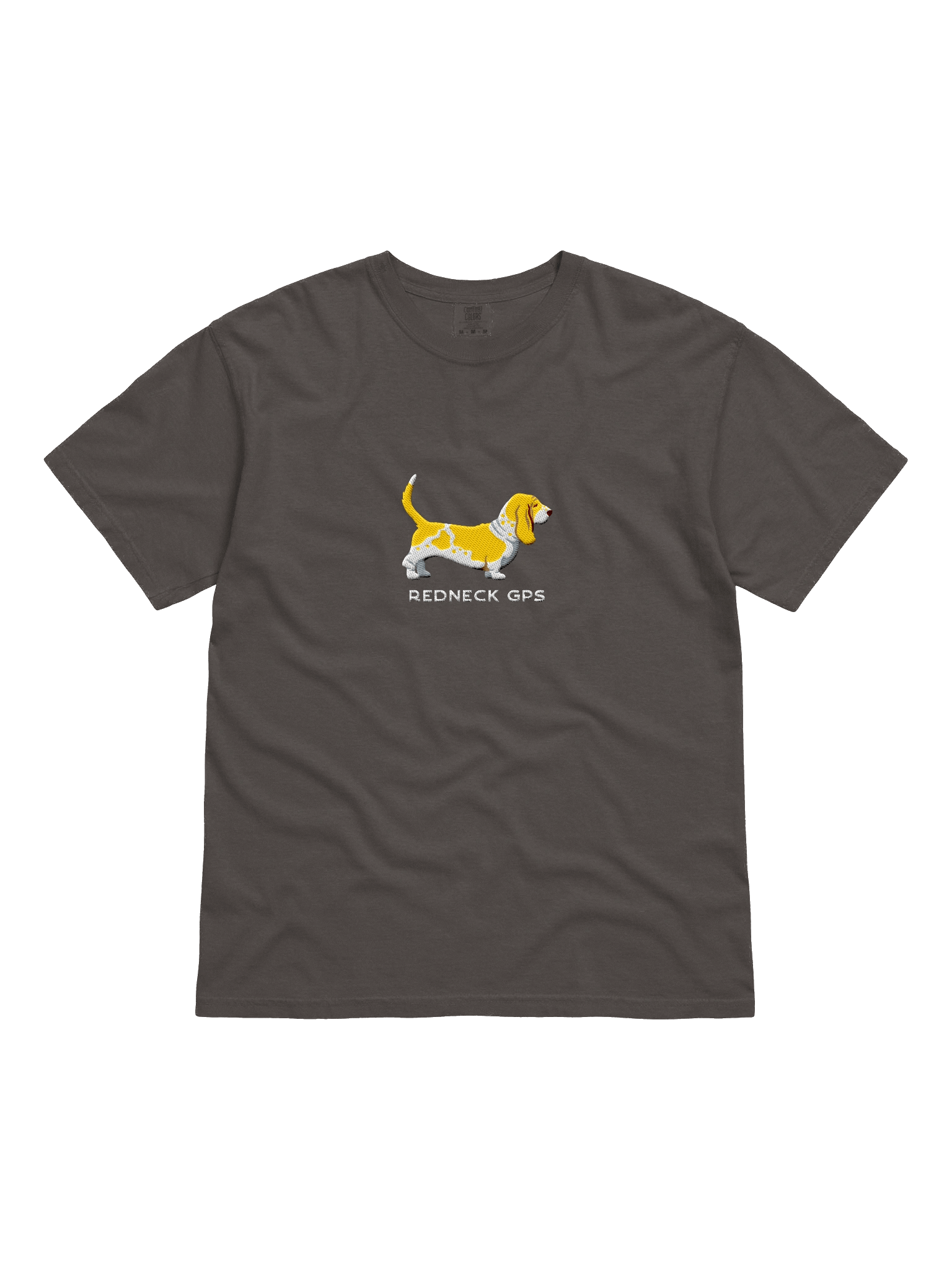 Redneck GPS T-Shirt(Embroidered) of a Basset Hound(Lemon & White) product image (1)