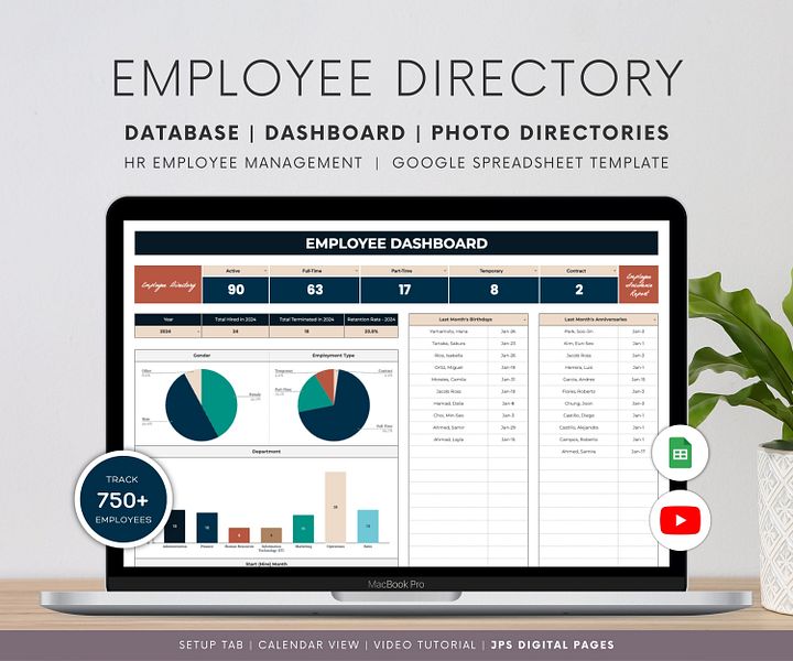 750+ Employee Directory Spreadsheet, Google Sheet Template, Employee Photo Directory, HR Dashboard, Incident Report and Extended Database product image (1)