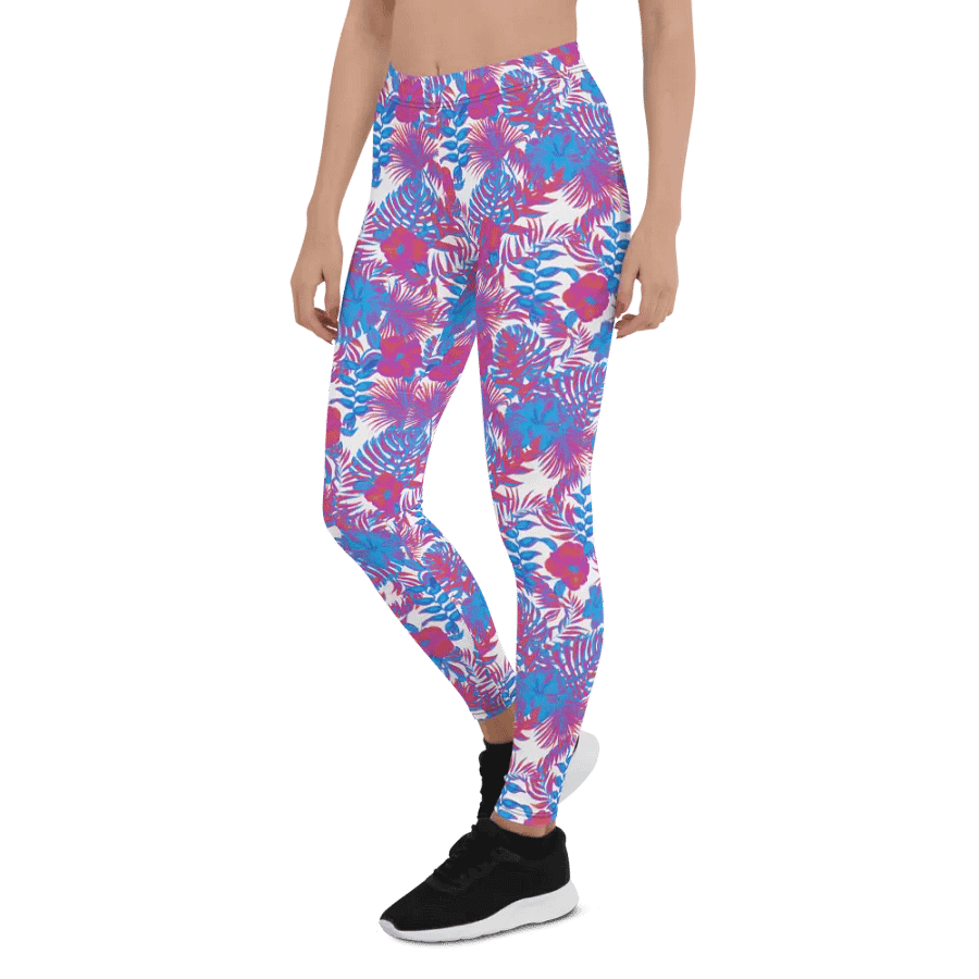 leggings  in  blue and pink colors tropical leaves design. Perfect for holiday vibes product image (6)