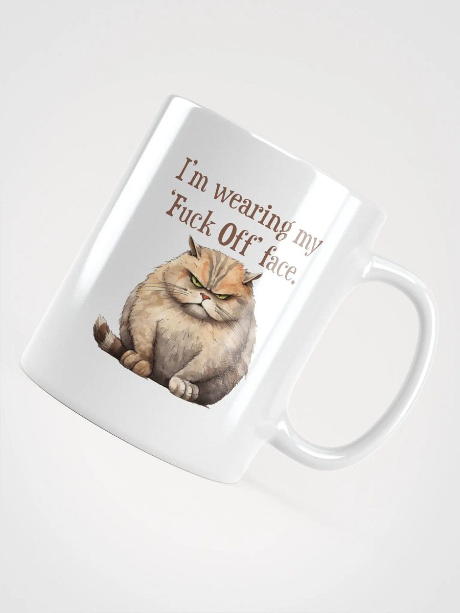 Cat Chat: "Guess what I'm wearing today? ... I'm wearing my Fuck Off face." White glossy mug product image (2)