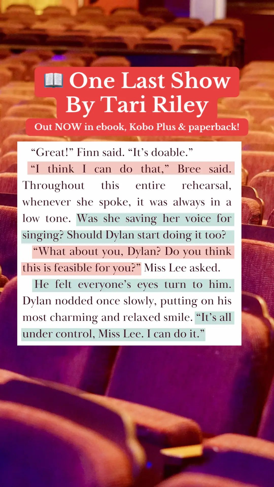 ONE LAST SHOW by Tari Riley is a YA Contemporary novel about two ex-best friends who find themselves working together to bring their school musical to life. Will they rekindle their friendship or call it quits for good? If you like HIGH SCHOOL MUSICAL and HEARTSTOPPER, this book is for you! It’s out NOW in ebook, Kobo Plus and paperback, and you can also request it at your local library! #BookTok #IndieAuthor #YAAuthor #YABookRecs #ComingOfAgeBooks #YAContemporary #Bookstagram #AuthorTariRiley #OneLastShow #IndieBooks #BookQuote #BookSnippet #YAContemporaryBooks 