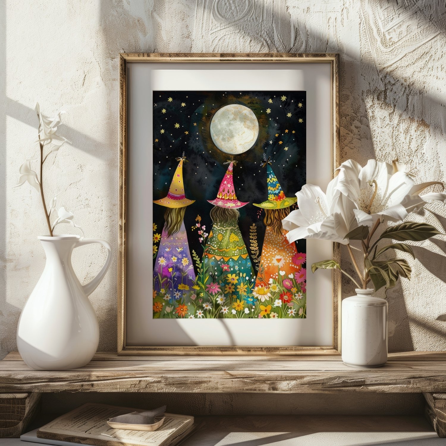 Whimsical Witches Under The Fullmoon Colorful Art Print product image (25)