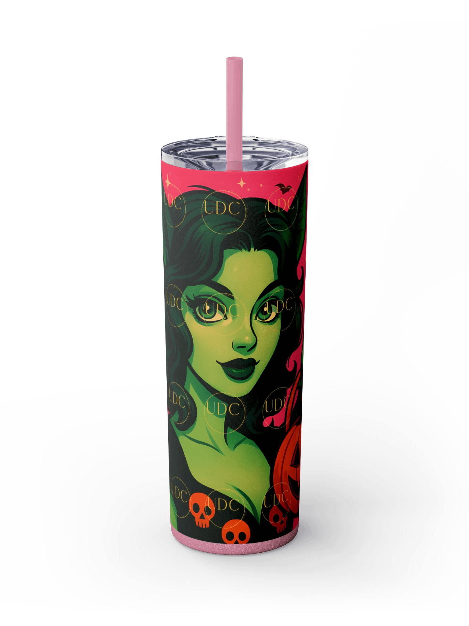 Green Bat-Wing Witch Halloween Tumbler Wrap PNG – Spooky Glam Girl with Pumpkin & Pink Bat Background for 20oz Skinny Tumblers product image (2)