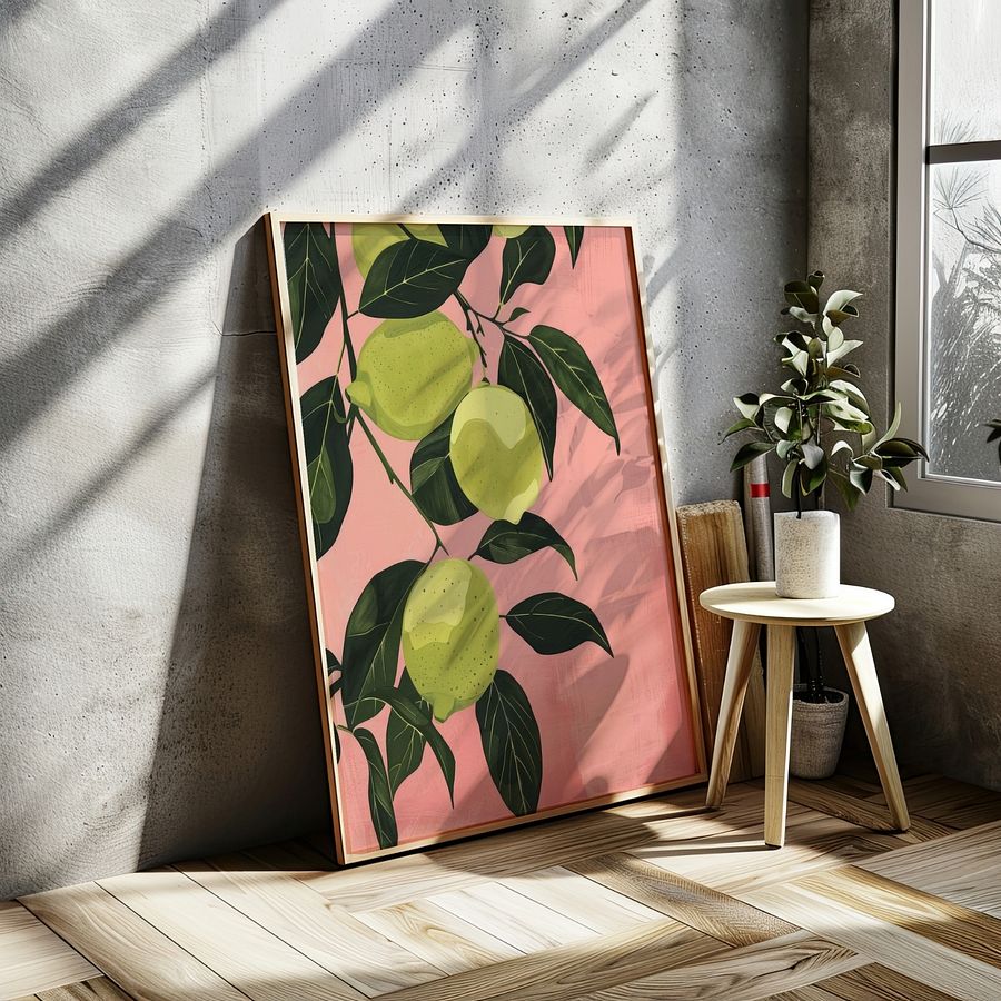 Lime Lemons on Pink Pastel Kitchen Wall Art Print product image (20)