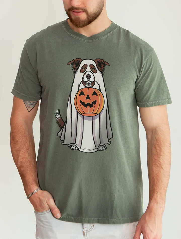 Funny Halloween Border Collie(Brown) T-Shirt | Funny Border Collie Wearing a Ghost Costume and Holding a Pumpkin Basket product image (5)