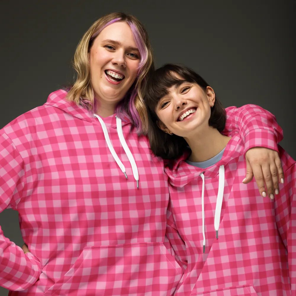 Bright Pink Checkered Plaid Hoodie product image (3)