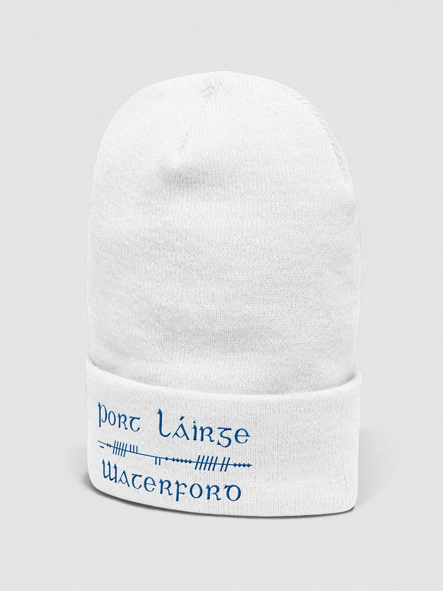 Waterford/Port Láirge, Scholastic style Ogham, white with blue, embroidered Cuffed Beanie product image (2)