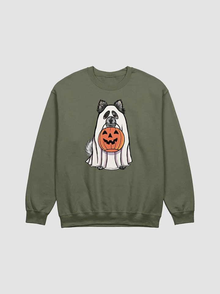 Funny Halloween Pomeranian(Blue Merle) Sweatshirt | Funny Pomeranian Wearing a Ghost Costume and Holding a Pumpkin Basket product image (1)