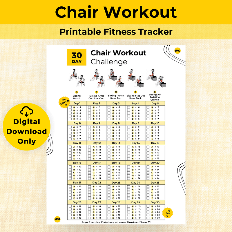 30 Day Chair Workout Challenge - Printable Workout Tracker