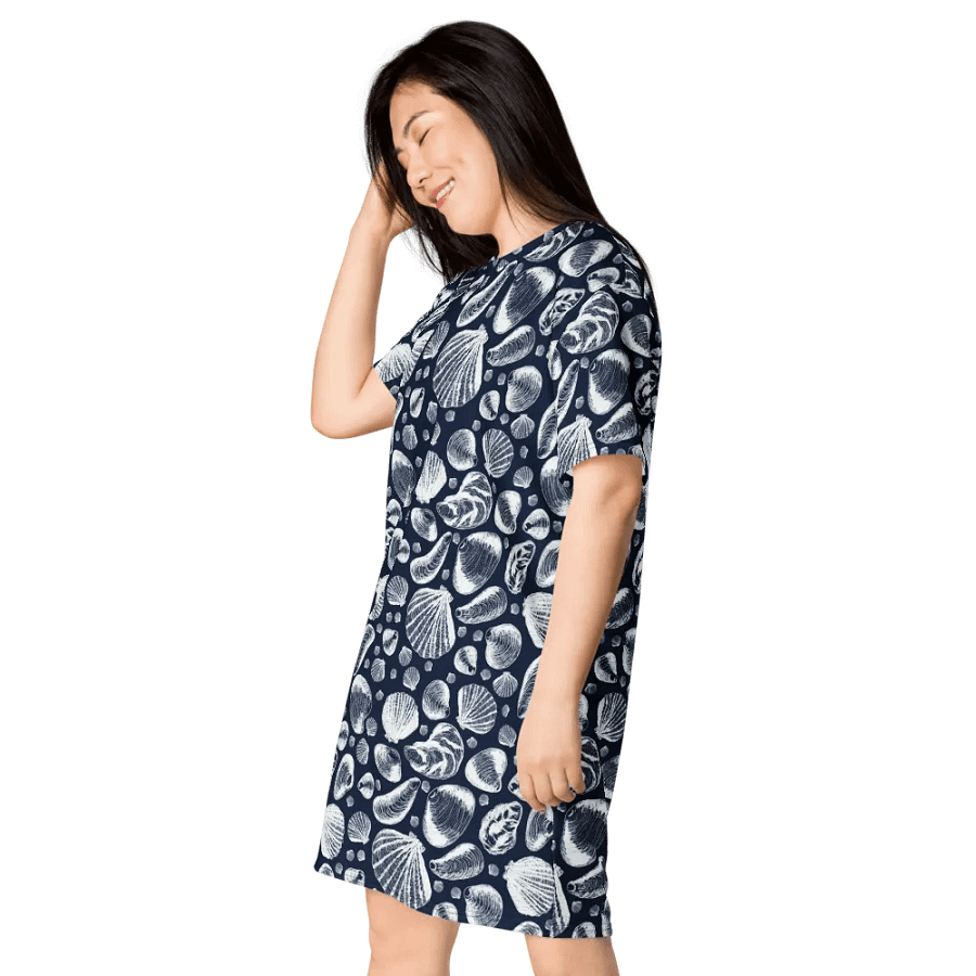 Women's | New England Tidal Treasures | T-Shirt Dress | Seashell Print, Oversized & Comfy | White on Dark Blue product image (3)