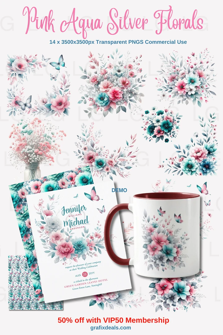 Pink Aqua Silver Floral Graphics Bundle! Commercial POD Use Clipart product image (1)