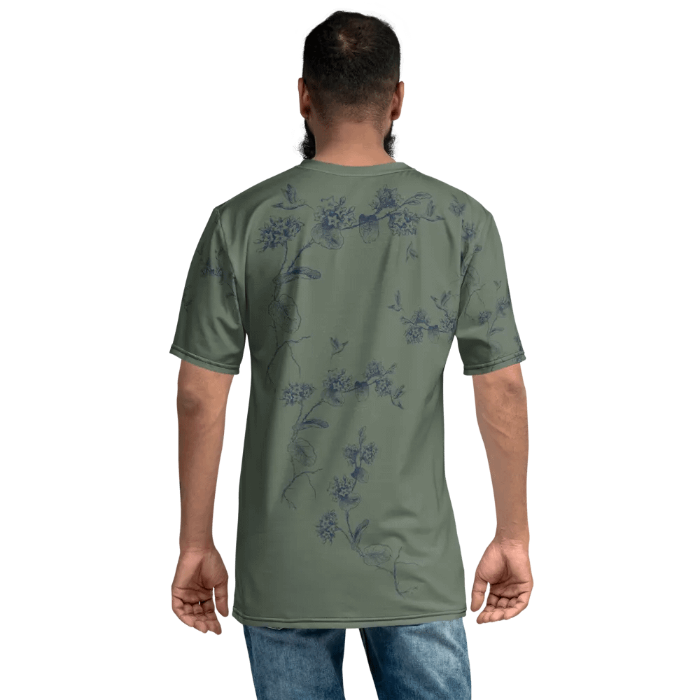 olive green all  over printed unisex T shirt with humming bird design. Outdoors vibe ideal for the person who enjoys birding. product image (7)