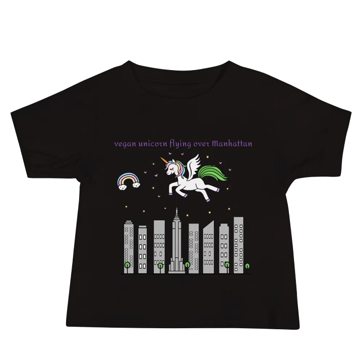“Vegan Unicorn Flying Over Manhattan” Black T-Shirt for Kids product image (1)