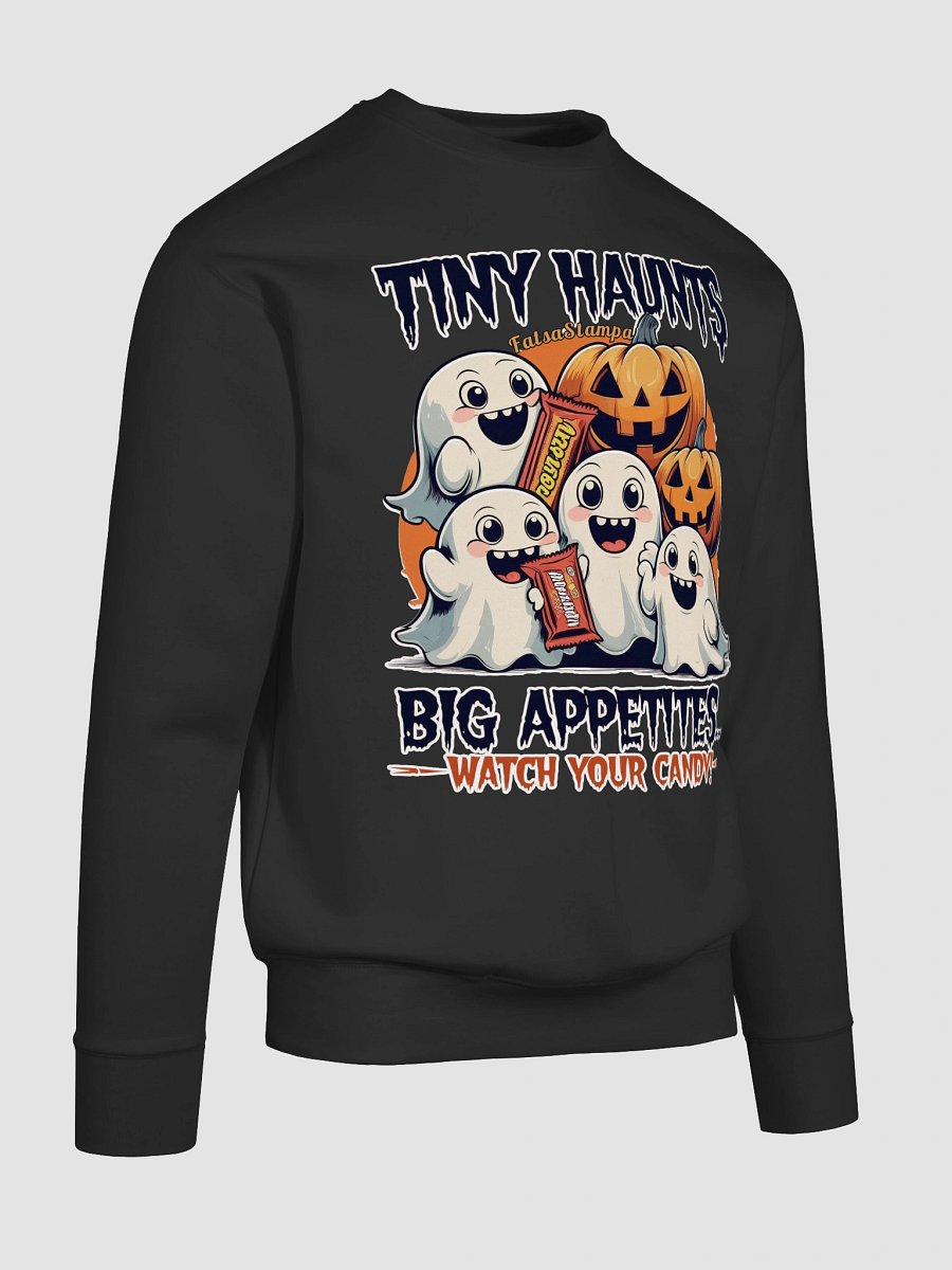 Tiny Haunted Bites: Cute Ghost Squad Guarding Halloween Candy Premium Sweatshirt product image (11)