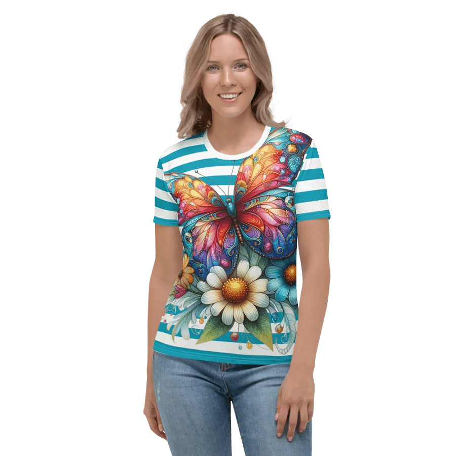 Butterfly Blossom Women's Stripped Teal All-Over Print Tee product image (1)