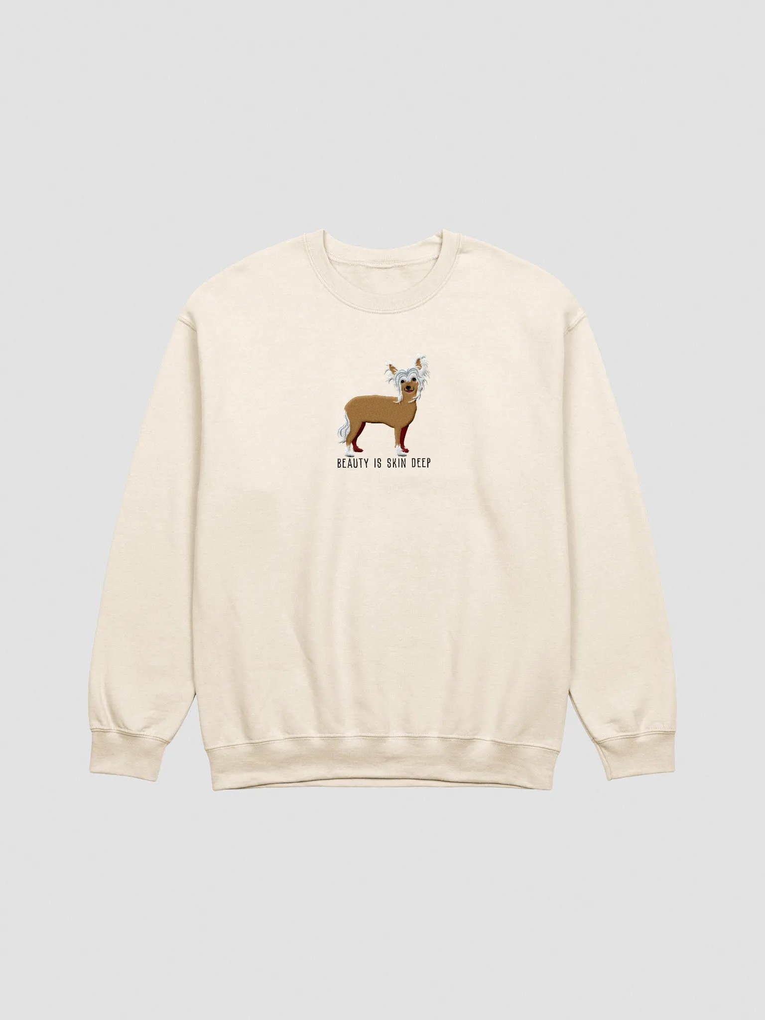 Beauty Is Skin Deep Sweatshirt (Embroidered) of a Chinese Crested Dog(Tan) product image (3)