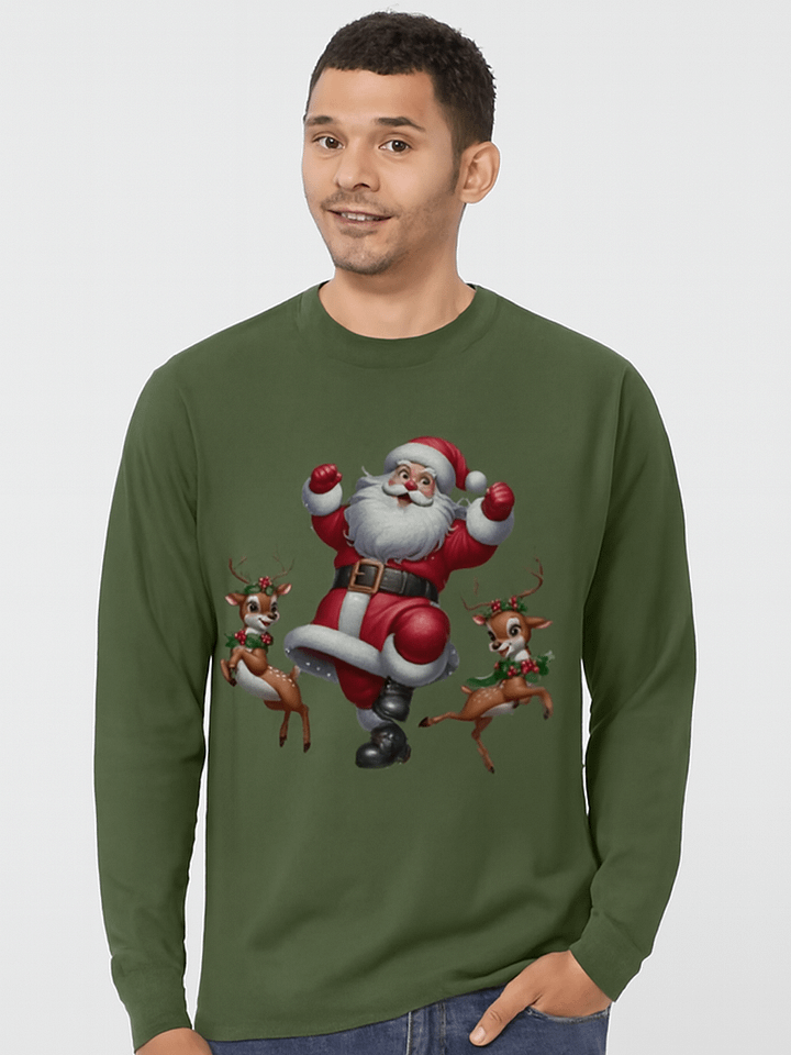 Joyful Santa and Reindeer Cartoon Long Sleeve T-Shirt product image (1)
