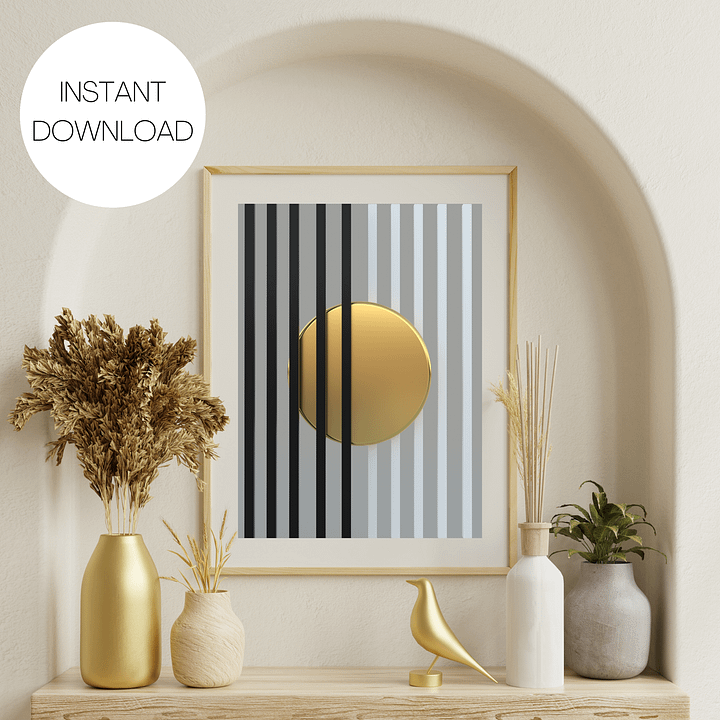 Minimalist 3D Digital Art | Black and White Lines Gold Circle on Gray Background product image (1)
