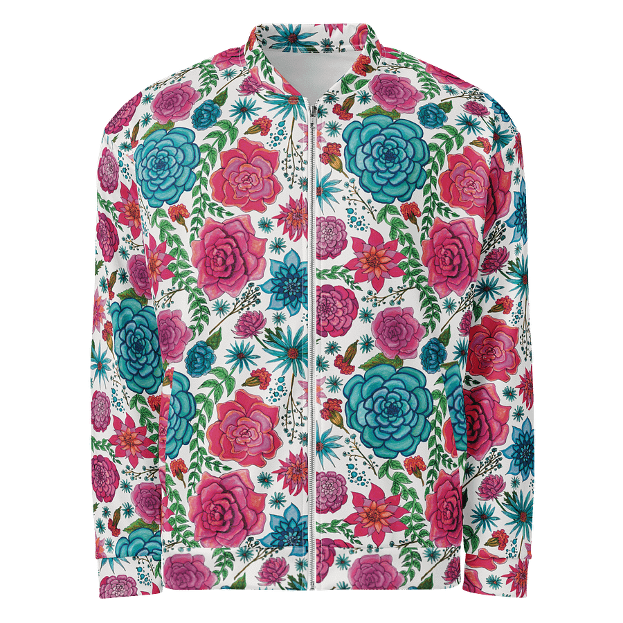 🌸 Bold Blooms, Bold Moves | Pink + Blue Floral on White | Unisex Bomber Jacket | Monique Faella Designs™ product image (1)