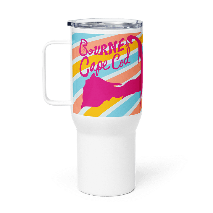 BOURNE to Cape Cod™ | Allcolor 267 | Stainless Steel Travel Mug with Handle | Insulated, Spill-Proof, Coastal Adventure Style | Pink Logo on Bright Stripes product image (2)