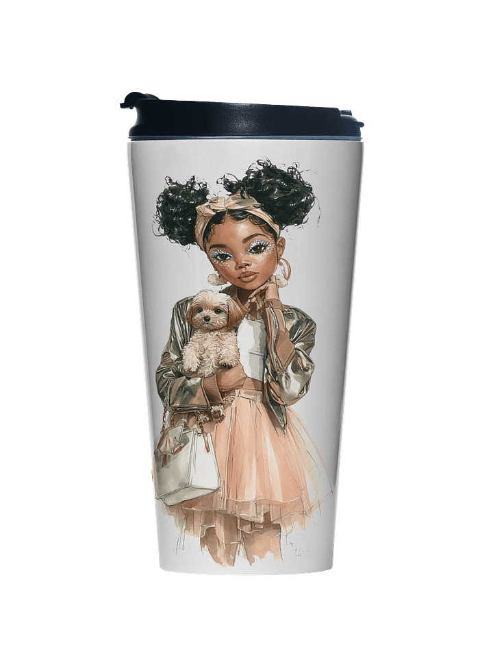 Chic Black Girl & Pup Stainless Steel Travel Mug | Fashion Illustration Tumbler (15 oz) product image (1)