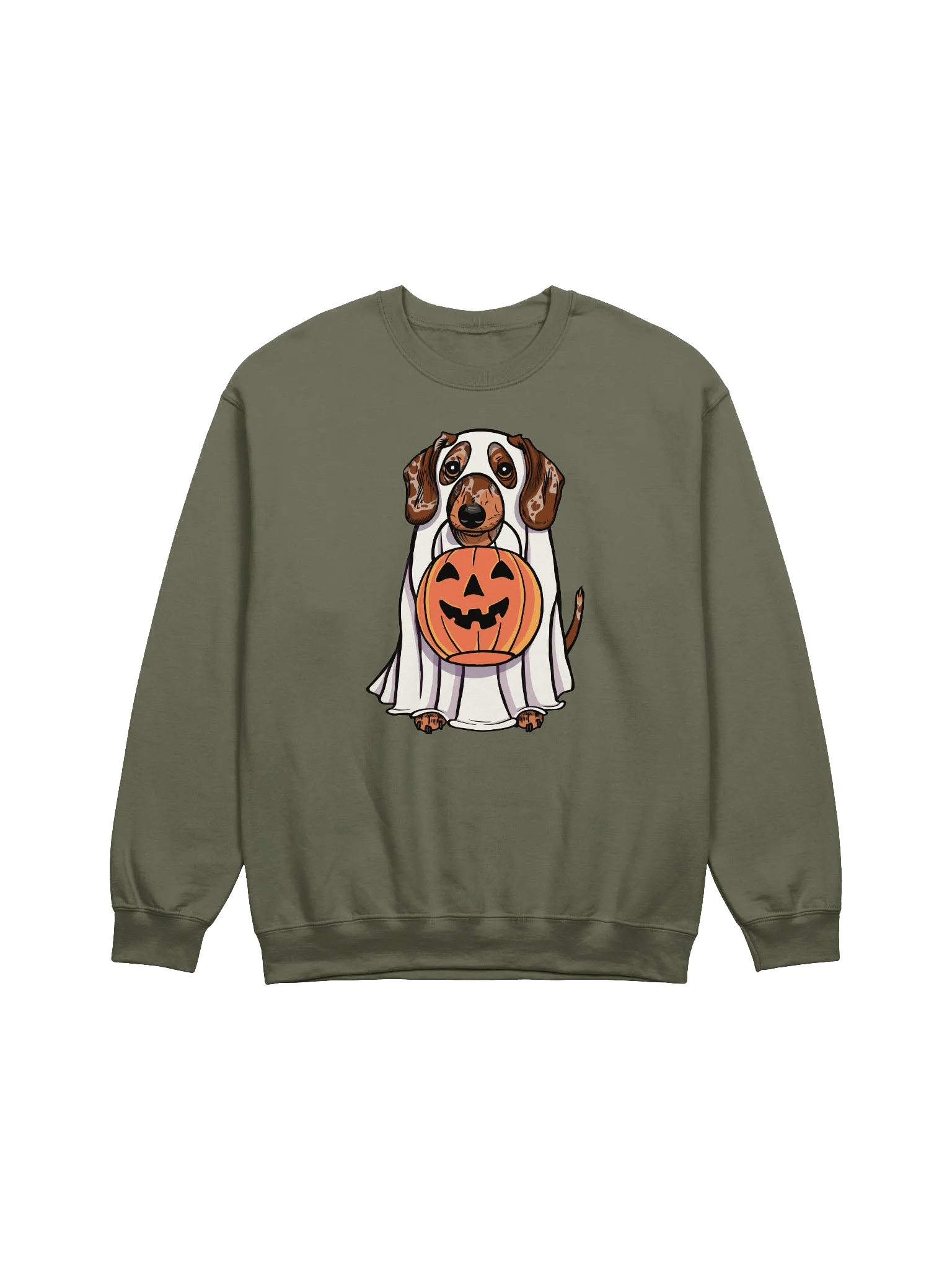 Funny Halloween Dachshund(Dapple 2) Sweatshirt | Funny Doxie/Wiener Wearing a Ghost Costume and Holding a Pumpkin Basket product image (17)