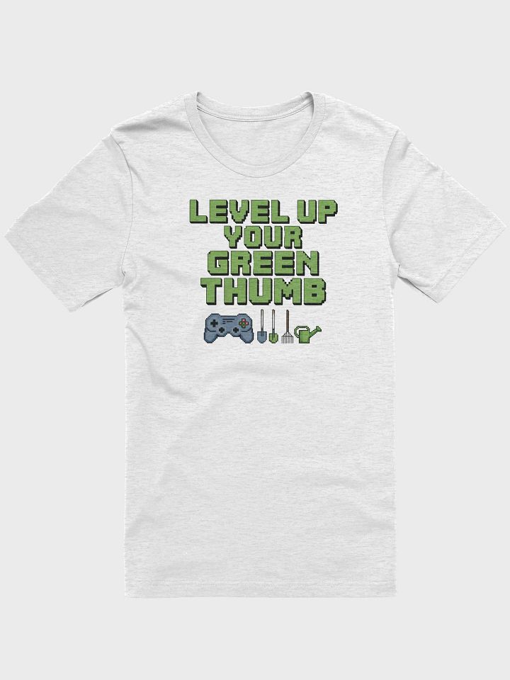 “LEVEL UP YOUR GREEN THUMB” t-shirt, gaming and gardening icons, planting skills tee, virtual gardening pride, classic gaming symbols, green thumb, garden lover, gamer lover, unique gift product image (1)
