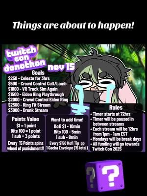 I am happy to announce that in 3 weeks I will be bringing out that limitless timer in order to raise funding for all things TwitchCon 2025! Starting Friday Nov 15, 2024 @ 1PM EST and ending... who knows!!!! With many goals and wheels of punishment for you to mess with me! #vtuber #subathon #streamer 