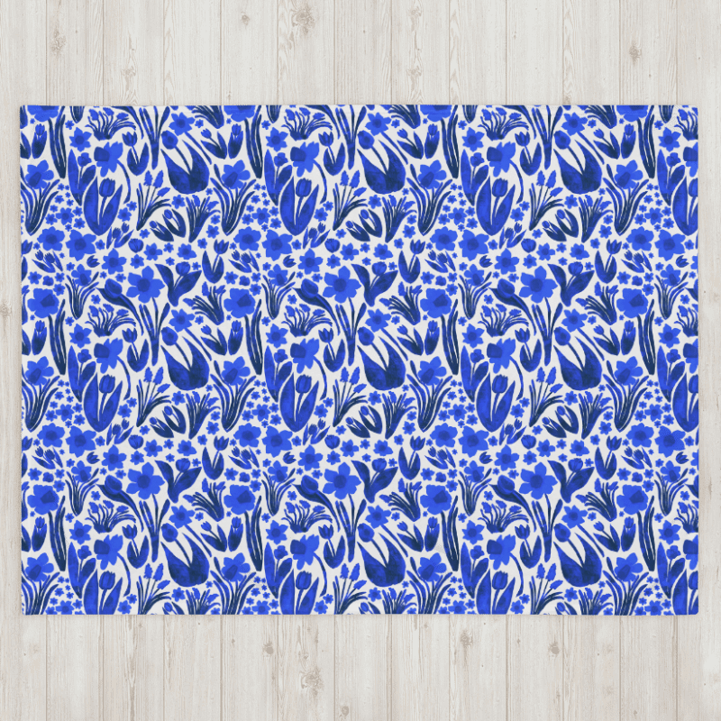 Spring Garden in Royal Blue on White – Elegant Floral Throw Blanket product image (3)