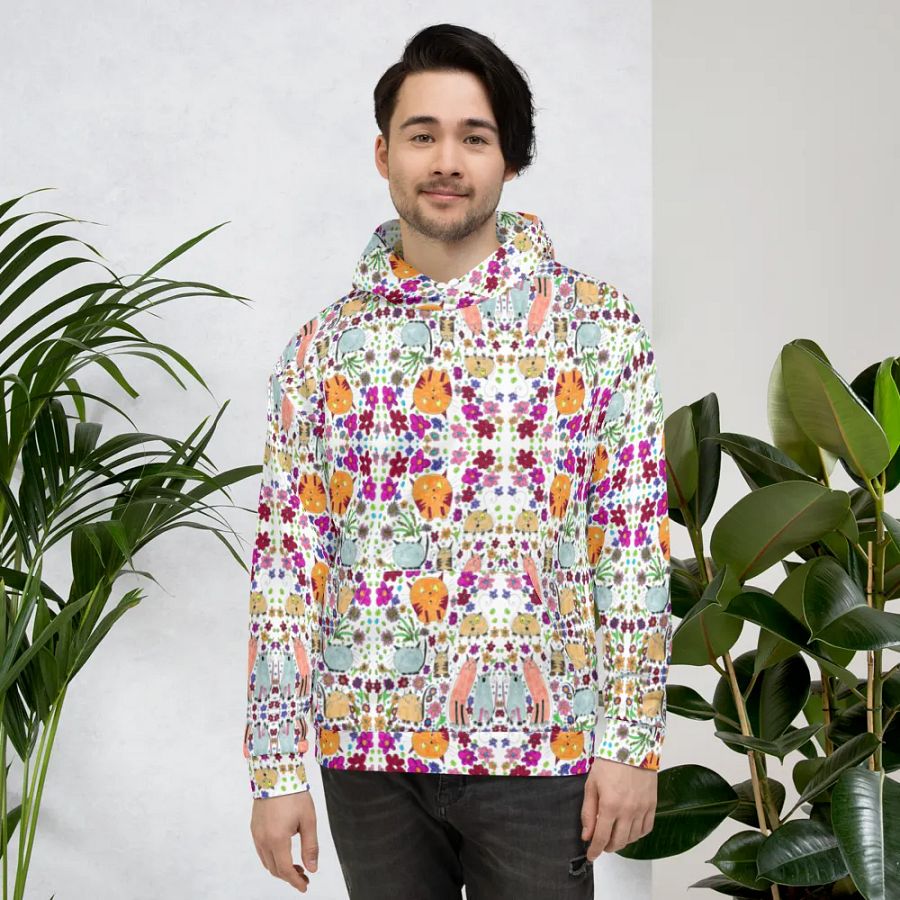Abstract Floral Doodle Art Cats Unisex Pull Over Hoodie product image (4)