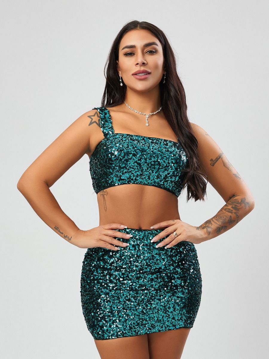 Wholesale sexy high quality slight stretch square neck sequin decor mini skirt sets product image (1)