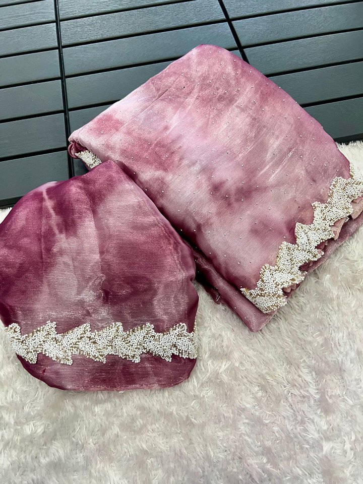 Primium Barbari sibori Jimmy Chu Silk fabric With Pure JARKAN moti Handcraft Lace Border And Diamond in Sareee product image (2)